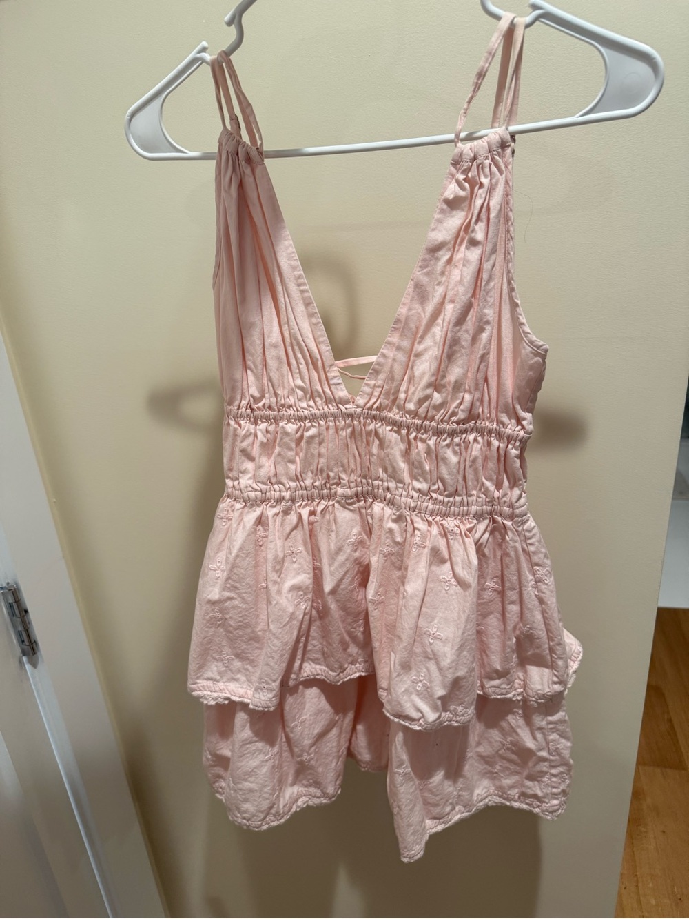 Tularosa Blush Pink Eyelet Tiered Mini Dress with Crisscross Straps - Picture 2 of 5